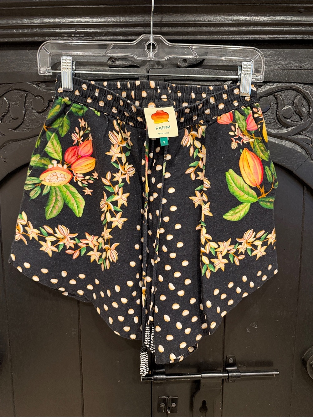 FARM Rio Black Tropical Floral & Cream Polka Dot Elastic Waist Shorts